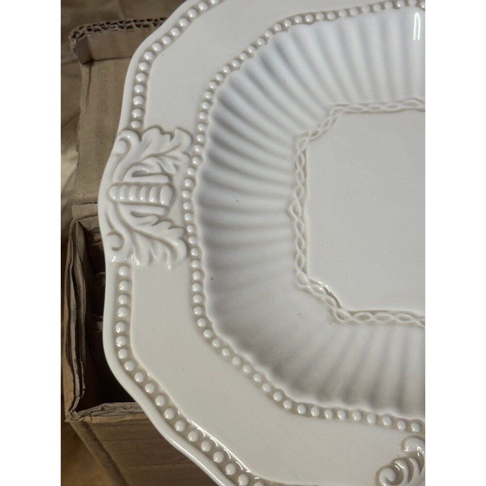 American Atelier Baroque White Stoneware Plate Set Embossed Bead & Shell Design - Picture 3 of 7